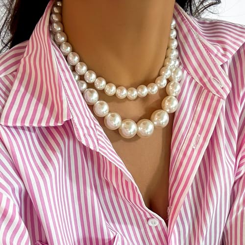 CSIYANJRY99 Chunky Pearl Necklace for Women Big Faux Pearl Beaded Strand Necklace Wedding Prom Jewelry for Women - color: White Layered