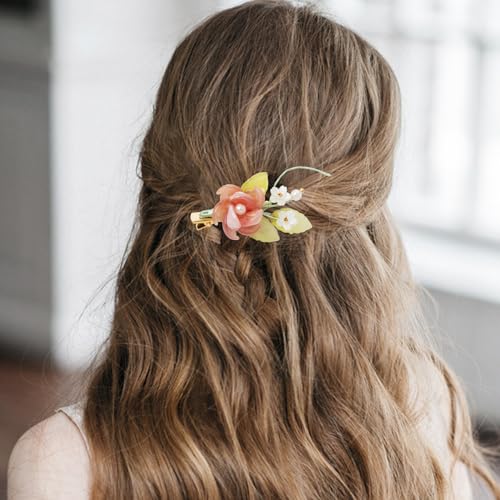 A Pair Wedding Hair Clips, Handmade Floral Design Crystal Hair Clips Pearl Barrettes, Rhinestones Flower Clips Pearl Headpieces Hair Pins Hair Accessories for Women Girls (Green&Pink) - color: Green&Pink