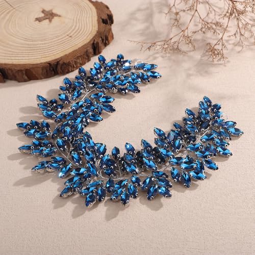 Missgrace Women Silver Green Black Red Blue Handmade Full Crystal Rhinestone Large Headband Hair Vine Shinny Headpiece Bridal Wedding Hair Accessories for Women (Lake blue) - color: Lake blue