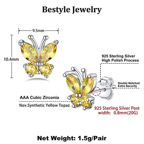 Bestyle Gold Butterfly Earrings for Women, Dainty Cute Birthstone Studs Hypoallergenic Jewelry, Great Birthday Gift - style: 11.November (Citrine)-STUD