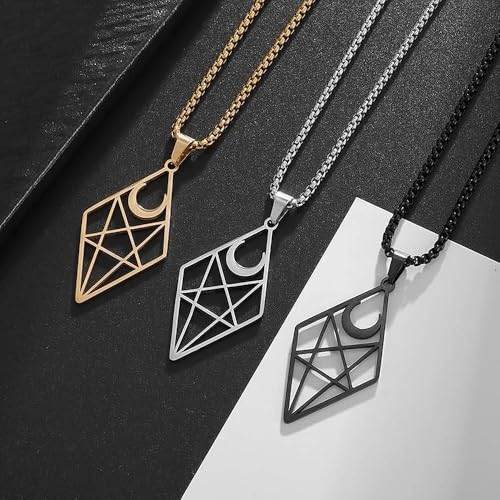 Stainless Steel Inverted Five-Pointed Star and Moon Pendant Necklace Men Women Gothic Pagan Satanic Magic Jewelry - color: golden