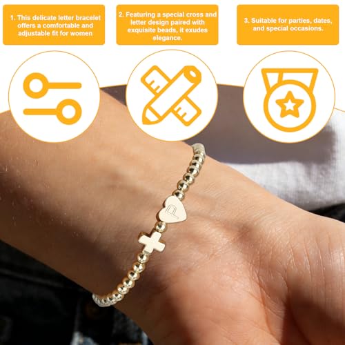 Mikovivi Women's Cross Bracelet with Initial Beads, Elastic Heart Alphabet Charm Stackable Beaded Bracelet Religious Christian Jewelry Gift - style: Letter P