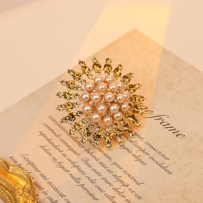 Elegant Big Crystal Ring for Women Gold Stacking Pearl Rhinestone Flower Rings Open Finger Adjustable Crystal Statement Ring Jewelry for Bridal Wedding - color: Crystal 2-gold
