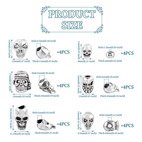 Elecrelive 28Pcs Antique Silver Skull Beads Halloween Skeleton Head Beads 7 Styles Gothic Charms for Necklace Bracelets Earrings Jewelry Making - color: Tibetan Silver