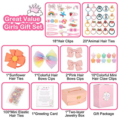 Hair Accessories Set for Girls: Jewelry Box, Hair Clips, Barrettes, Ties, Bows - Teen Girl Gift for Ages 4-12 (Pink) - color: Pink