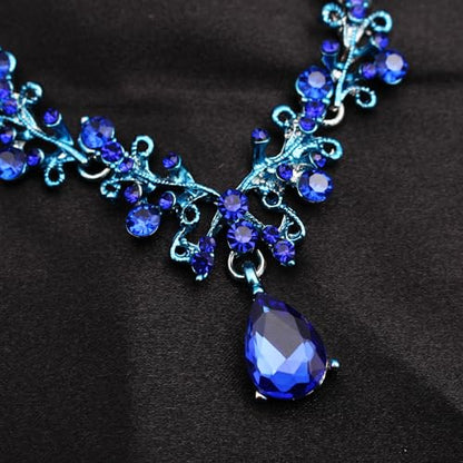 3Pcs Austrian Crystal Jewelry Set for Women, Necklace Dangle Earrings Link Bracelet Jewelry Set with Gold/Platinum/Gun Plated, Wedding Party Jewelry for Bridal Bridesmaid - color: Deep Blue-Platinum Plated