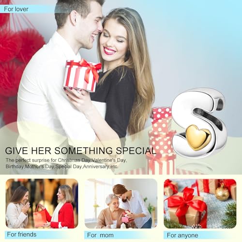 Two-Tone Gold Heart S925 Silver Letter Charm Fits Pandora Bracelet Necklace | Initial Bead Two-Tone Gold Heart, DIY European Bracelet Accessory, Gift for Ladies Birthday Anniversary Valentine - style: S