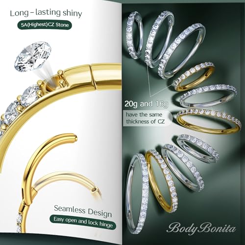 316L Stainless Steel 5A CZ Nose Rings Hoops Conch Helix Piercing Jewelry | Cartilage Earrings Tragus Rook Daith Piercing Jewelry, Septum Clicker Silver/Black/14K Gold Plated, 6-12mm, 16G/18G/20G - color: Gold, Clear CZ(5A), 20G, size: 20g(0.8mm)-9mm