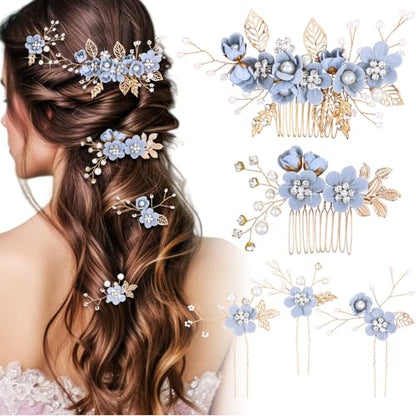 5 Pieces Wedding Hair Comb Bridal Hair Pins Crystal Pearl Accessories Rhinestone Flower Piece for Wedding Bride Women(Light Blue,Fresh Style)
