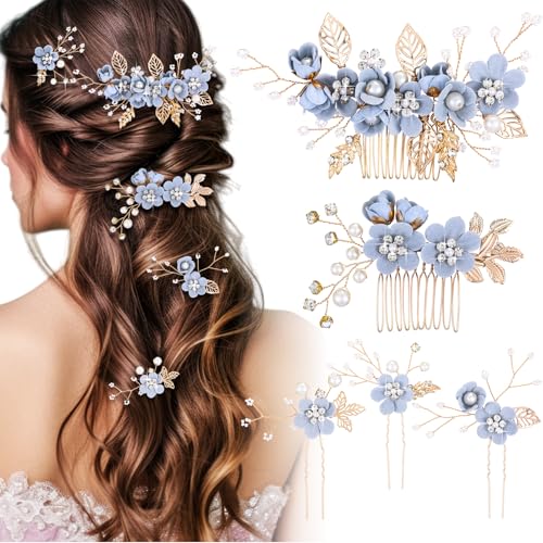 5 Pieces Wedding Hair Comb Bridal Hair Pins Crystal Pearl Accessories Rhinestone Flower Piece for Wedding Bride Women(Light Blue,Fresh Style)