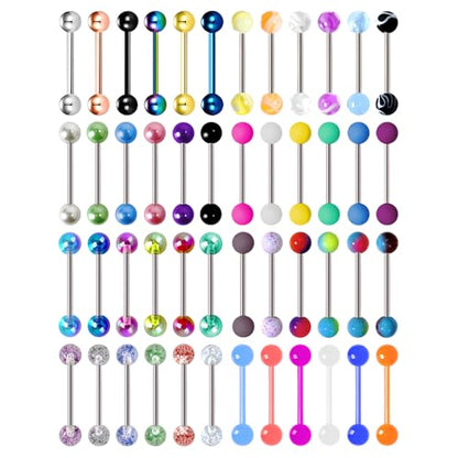 48Pcs 14G Colorful Ball Tongue Rings Surgical Stainless Steel Nipple Rings | Acrylic Plastic Tongue Barbells Piercing Jewelry Bar Length 16mm for Women Men