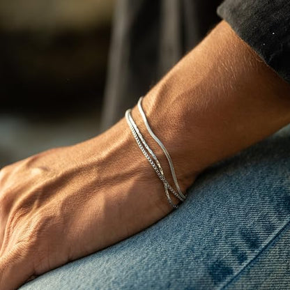 Mens Bracelet - Dainty Gold/Silver Chain Bracelet Stack 14K Gold Plated Silver Bracelets for Men Stainless Steel Adjustable Cross Charm Cuban Link Bracelet Snake Jewelry Set to Men Dad Birthday Day - color: Silver, size: 7+2 Inch