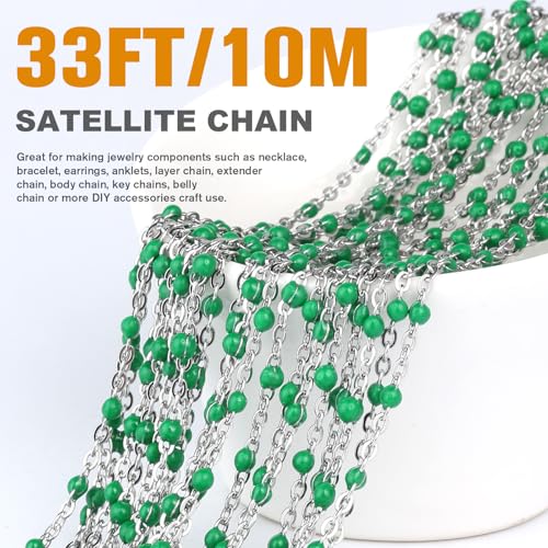 33FT 2mm Stainless Steel Green Enamel Link Chains Bulk for Jewelry Making | 304 Stainless Steel Enamel Beaded Cable Chains Roll Spool for Necklace Bracelet Craft - color: Stainless Steel Green Beads