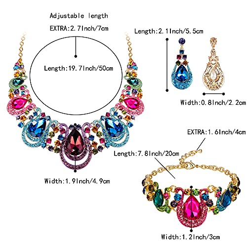 Women's Statement Jewelry Set for Wedding Prom Accessories | Shiny Teardrop Crystal Cluster Hollow Necklace Dangle Earrings Chain Bracelet Set for Bride Bridesmaid - color: Multi Colour Gold-Tone