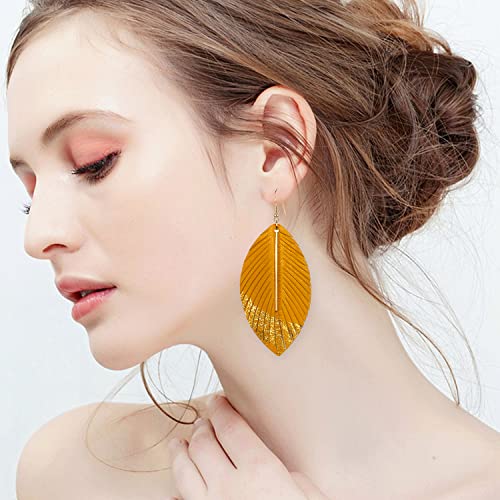 Bohemian Handmade Lightweight Color Large Genuine Soft Leather Fringe Feather Leaf Tear Dangle Drop Earrings for Women Statement - color: 2-Yellow