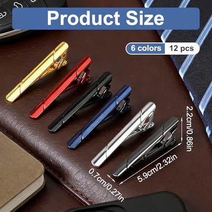12 Pcs Tie Clips for Men, Tie Clip Set with Elegant Gift Box Stainless Steel Mirror Polished Ties Bar Clip Set, Nice Gift for Business, Father, Husband, Boyfriend, Wedding (6 color)