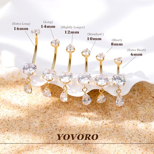 14G G23 Pure Titanium Dangle Belly Button Ring for Women Teardrop Dangling Belly Ring Internally Threaded Barbell Dainty Dangly Navel Ring CZ Belly Piercing Jewelry 6-16MM - color: Gold, size: Bar Length 12mm-Long