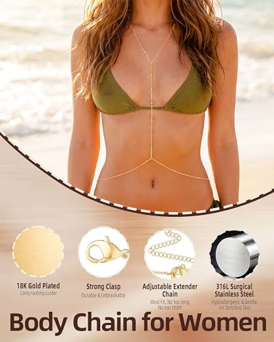Hypoallergenic 18K Gold Waist Chains Set: 3 Pcs Waterproof 316L Surgical Stainless Steel Beaded Belly Body Chain Fashion Stomach Belt Hip Bikini Jewelry for Women - style: Gold - Beaded