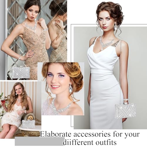 Quelay 4 Pcs Purse Rhinestone Jewelry Set Women | Wedding Bridal Prom Jewelry Sparkly Clutch Handbag with Necklace Bracelet Dangle Earrings Shiny Costume Kit - color: Silver, style: Luxurious