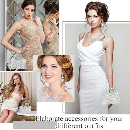 Quelay 4 Pcs Purse Rhinestone Jewelry Set Women | Wedding Bridal Prom Jewelry Sparkly Clutch Handbag with Necklace Bracelet Dangle Earrings Shiny Costume Kit - color: Silver, style: Luxurious