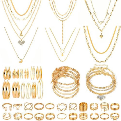 KOSMOS-LI 60 PCS Gold Plated Jewelry Sets with Costume Necklaces, Bracelets, Earrings, Knuckle Rings for Women - color: JJ140Kgold