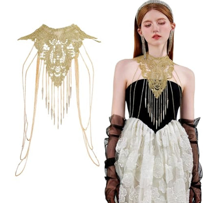 AHANDMAKER Gold Lace Shoulder Chain Flower Body Necklace Bikini Body Chain Sexy Lace Shoulder Jewelry Accessory for Costume Party Rave Women Dress Beach Bikini Shoulder Wedding Holiday