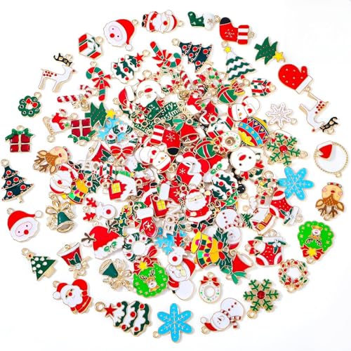 Modacraft 120 Pcs Christmas Charms for Jewelry Making, Multiple Styles Gold Enamel Pendant Charms with Santa Snowflake Tree for DIY Bracelet Necklace Earring Keychain Craft Supplies Holiday Decor Gift - style: Christmas-120 Pcs