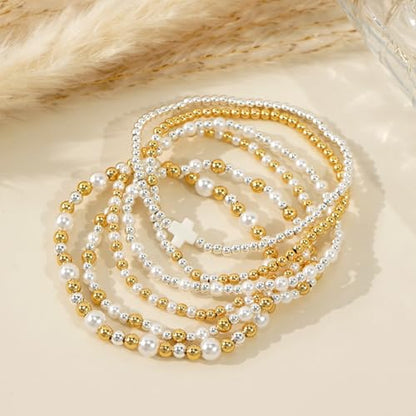 Silver Gold Beaded Bracelets for Women Stackable 14K Gold Plated Beads Ball Cross Bracelet Stack Non Tarnish Elastic Stretch Trendy Jewelry Christian Friendship Christmas Gifts for Women - color: 6pcs-Pearl