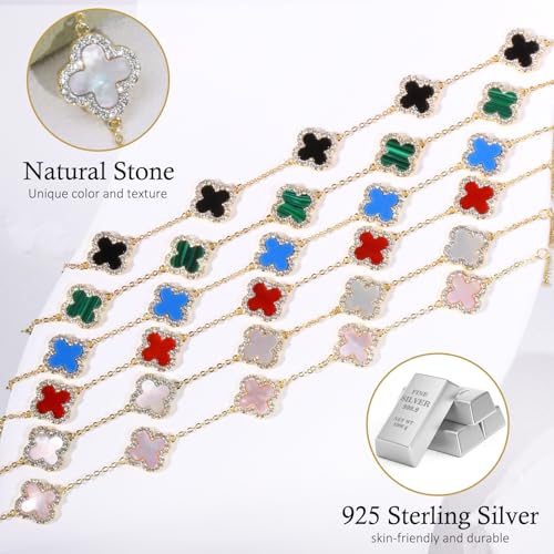 925 Sterling Silver Four Leaf Clover Bracelet – Real Silver Lucky Clover Jewelry for Women, Dainty Good Luck Gift for Her - color: Gold – Black Onyx Set