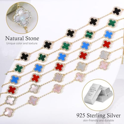 925 Sterling Silver Four Leaf Clover Bracelet – Real Silver Lucky Clover Jewelry for Women, Dainty Good Luck Gift for Her - color: Gold – Black Onyx Set
