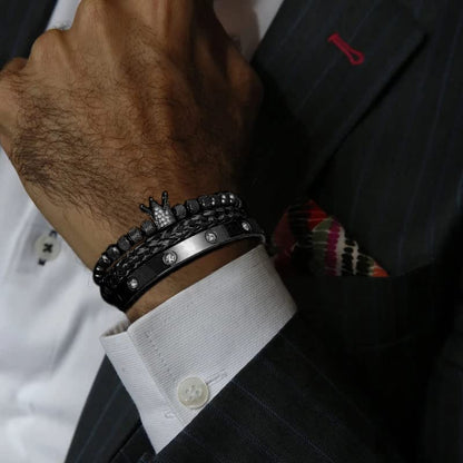 3pcs/set Classical Handmade Braiding Bracelet Hip Hop Men Pave CZ Leopard Head Roman Numeral Bracelet Stainless Steel Jewelry - color: 3pcs K Black
