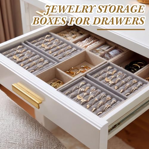 6 Pcs Small Jewelry Tray-ring Organizer Velvet Rings Earring Display Tray Mini Storage Insert Holder 7 Slots for Drawer (Grey) - color: Grey