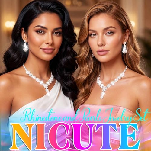 Nicute Pearl Jewelry Set Sparkly Rhinestone Necklace Earrings Sets Prom Costume Bridal Jewelry Set for Women - color: Silver