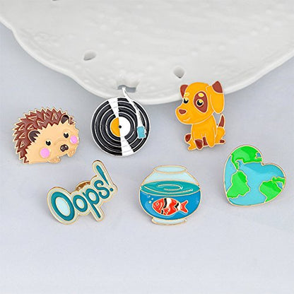 6 Pcs Cute Enamel Lapel Pins Sets Cartoon Animal Plant Fruits Foods Brooches Creative Pin Badges for Clothing Bags Backpacks Jackets Hat Accessory - color: Puppy Hedgehog Goldfish Bowl