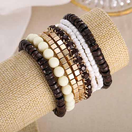 LUREME Boho Multi Strand Stackable Stretch Bracelet Set Wooden Cube Alloy Bead Bangle bl003172 - color: Dk Brown