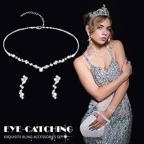 Ditard 4 Pieces Rhinestone Jewelry Set Women Clutch Purse for Prom Sets Wedding Bridal Bracelet Necklace Dangle Ear Clip Crystal Party (Sweet Style), Silver