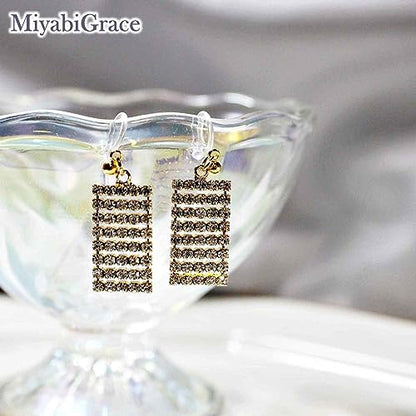 Dangle Silver Invisible Clip On Earrings for Women Not Pierced Gold Crystal Rhinestone Comfortable Hoop Fringe Long Chain Clip On Earrings - color: Rectangular Gold