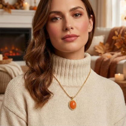 Sonateomber Gold Stone Pendant Necklace for Women, Chunky Statement Dainty Heart Oval Natural Gemstone Dangle Necklaces Wedding Prom Accessories Fashion Jewelry Gift - color: Orange