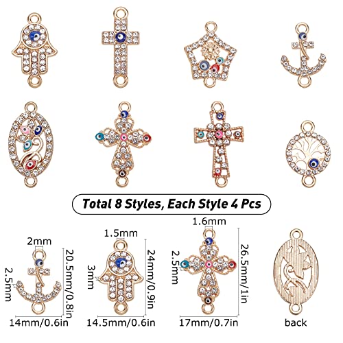 SUNNYCLUE 1 Box 32Pcs 8 Styles Evil Eye Connectors Golden Plated Rhinestone Cross Oval Hamsa Hand Flat Round Tree of Life Links Charms Lucky Chakra Pendants for Jewelry Making Charms Bracelets Crafts - color: 32pcs Rhinestone Cross Charms and Evil Eye Cha