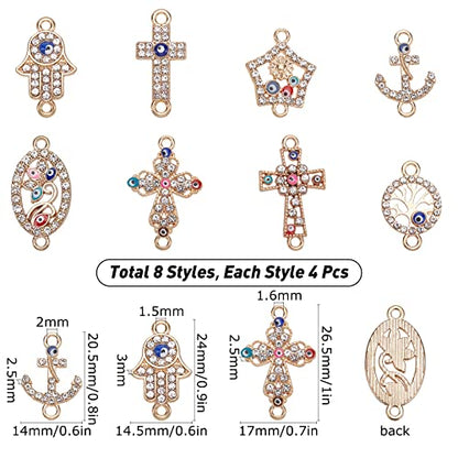 SUNNYCLUE 1 Box 32Pcs 8 Styles Evil Eye Connectors Golden Plated Rhinestone Cross Oval Hamsa Hand Flat Round Tree of Life Links Charms Lucky Chakra Pendants for Jewelry Making Charms Bracelets Crafts - color: 32pcs Rhinestone Cross Charms and Evil Eye Cha