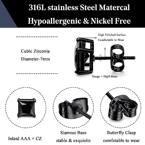ORAZIO Black Silver Earrings for Men,Stainless Steel Cubic Zirconia Earrings 20G Mens Earrings Hypoallergenic CZ Earrings Studs Trendy Square Earring Studs Set 4-8MM - style: 2 Pairs,Cubic Zirconia Diameter:7mm