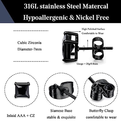 ORAZIO Black Silver Earrings for Men,Stainless Steel Cubic Zirconia Earrings 20G Mens Earrings Hypoallergenic CZ Earrings Studs Trendy Square Earring Studs Set 4-8MM - style: 2 Pairs,Cubic Zirconia Diameter:7mm