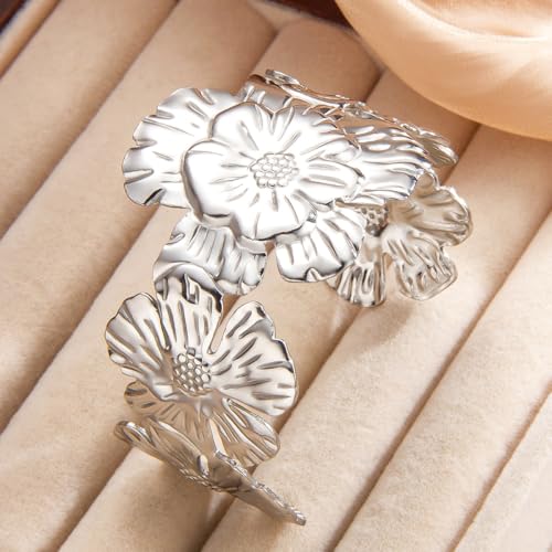 YWMAN Silver Flower Cuff Bracelet, Metallic Floral Chunky Bracelet for Women - color: Flower 4