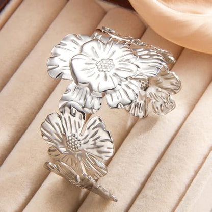 YWMAN Silver Flower Cuff Bracelet, Metallic Floral Chunky Bracelet for Women - color: Flower 4