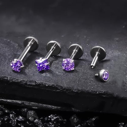 Titanium Flat Back Lip Rings Internally Threaded Earrings Studs Nose Rings 20G 18G 16G Round Heart Square CZ Tragus Cartilage Lobe Rook Helix Conch Labret Medusa Piercing Jewelry for Women Men - color: Purple CZ, size: 16G-6/8/10mm