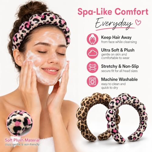 Leopard Spa Headbands for Women Teen Girls, Head Band for Washing your Face, Makeup Hair Band for Washing Face，Puffy Makeup Washing, Mask, Thick Padded Terry Cloth Hair Accessories (Classic & Pink)
