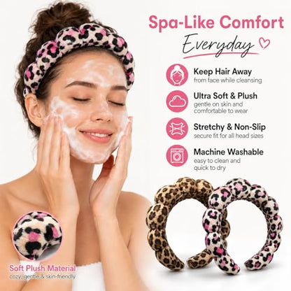 Leopard Spa Headbands for Women Teen Girls, Head Band for Washing your Face, Makeup Hair Band for Washing Face，Puffy Makeup Washing, Mask, Thick Padded Terry Cloth Hair Accessories (Classic & Pink)