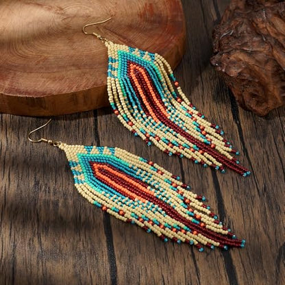 Bohemian Tassel Colorful Beaded Earrings For Women Trendy, Long Fringe Feather Drop Jewelry Handmade Gifts. - color: color2