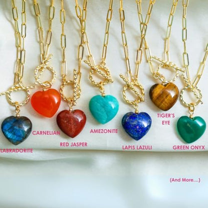 Gempires Gemstone Heart Pendant Necklace for Women, Gold Toggle Birthstone | Handmade gemstone heart pendant necklace — choose from 11 stones and birthstones, gold toggle paperclip chain. - color: Carnelian
