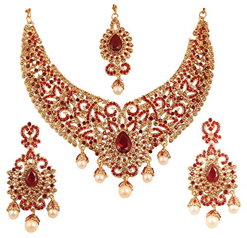 Touchstone Indian jewelry sets for women tikka wedding necklace costume guest statement bollywood rhinestones crystal faux pearls gold big royal neck piece set bridal fashion accessories - color: Red